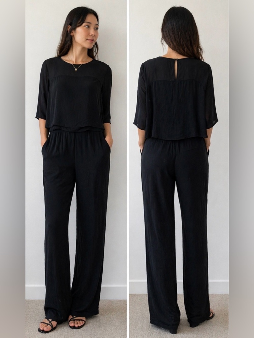 Esprit Black Layered Jumpsuit Romper – Sheer Overlay Minimal Chic